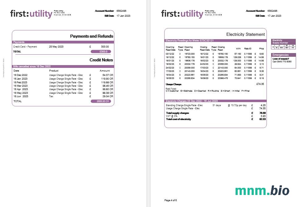 Pierwszy rachunek za gaz i energię elektryczną w Wielkiej Brytanii w formatach Word i PDF, 6 stron.